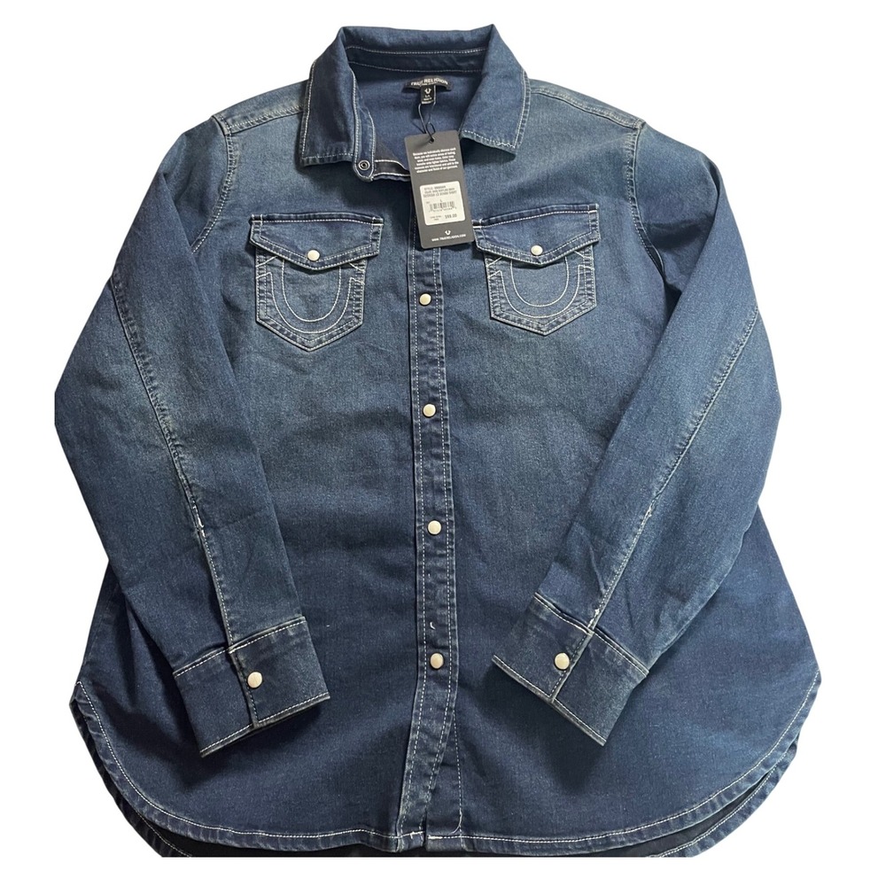 NWT True Religion Denim Shirt L Dark Wash Snap Front‎ Western Cowboycore Classic